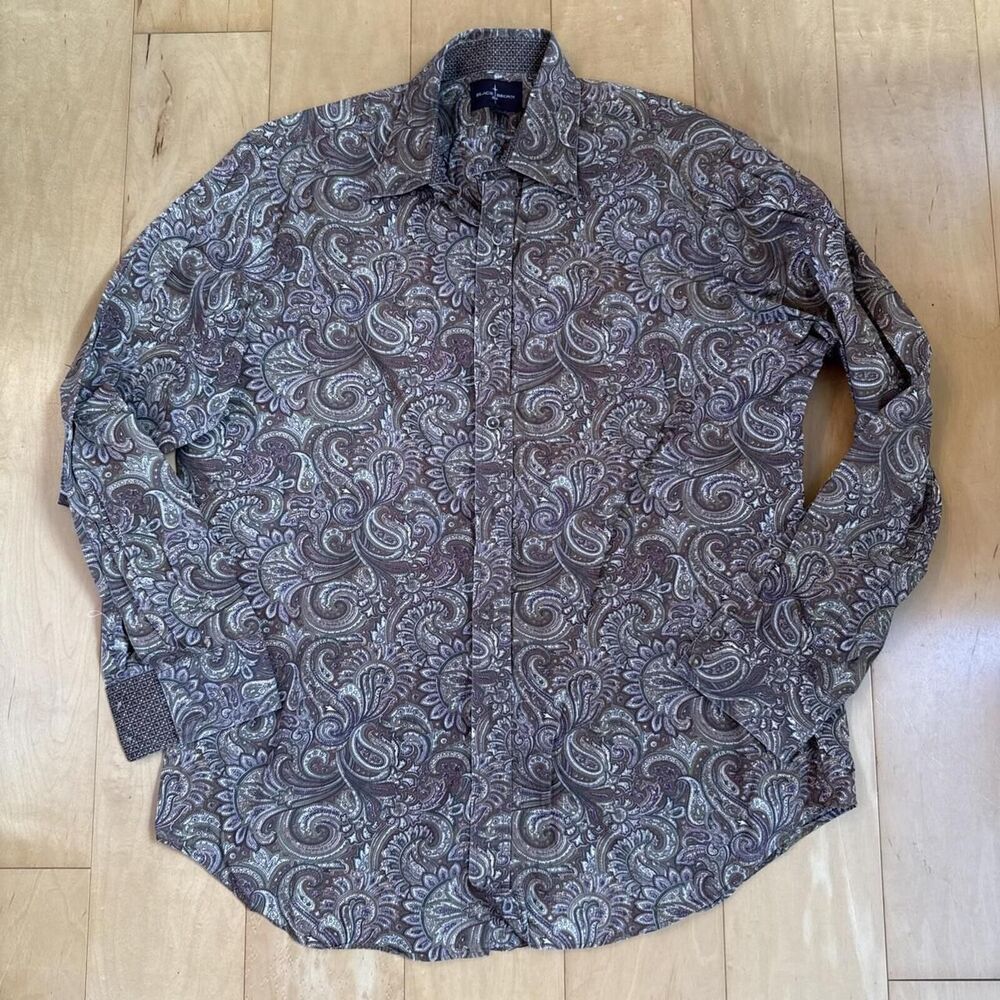 Black Brown 1826 Brown Paisley Men’s Shirt Size L 100% Cotton Long Sleeve Button